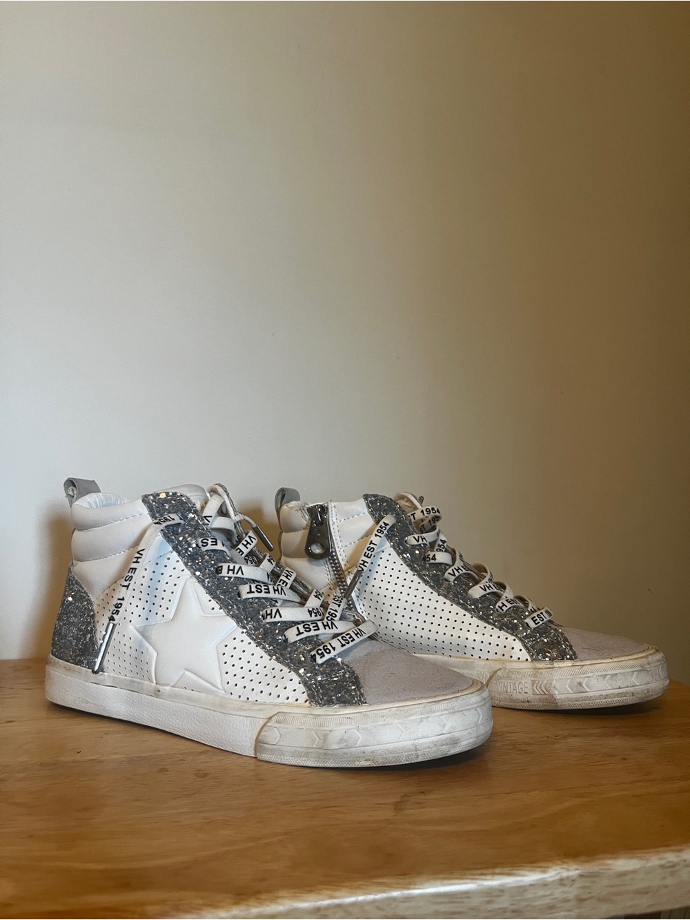 Vintage Havana White High-Top Sneakers with Silver Glitter Trim